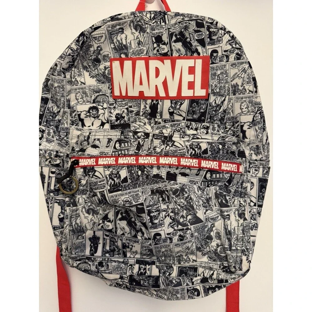 Marvel comic book pattern backpack -white&blk With Red Trim